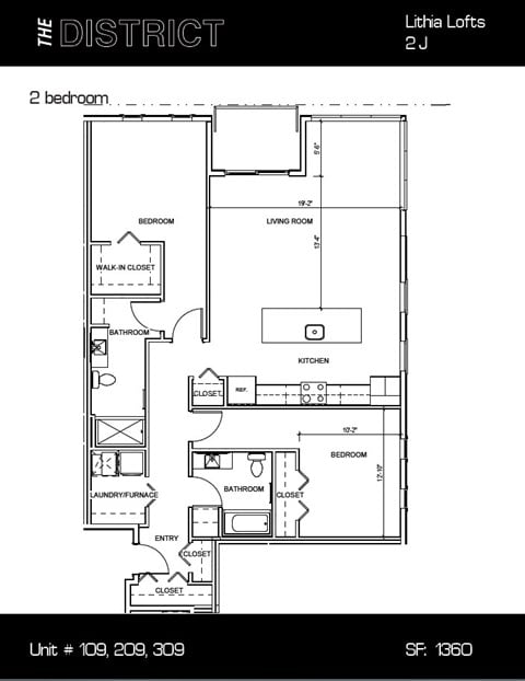 Floor plan for 2 beds, 2 baths, 1360 sqft